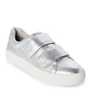 J Slides Adelynn Leather Platform Sneakers Metalic Silver Velcro White Shoes 7.5